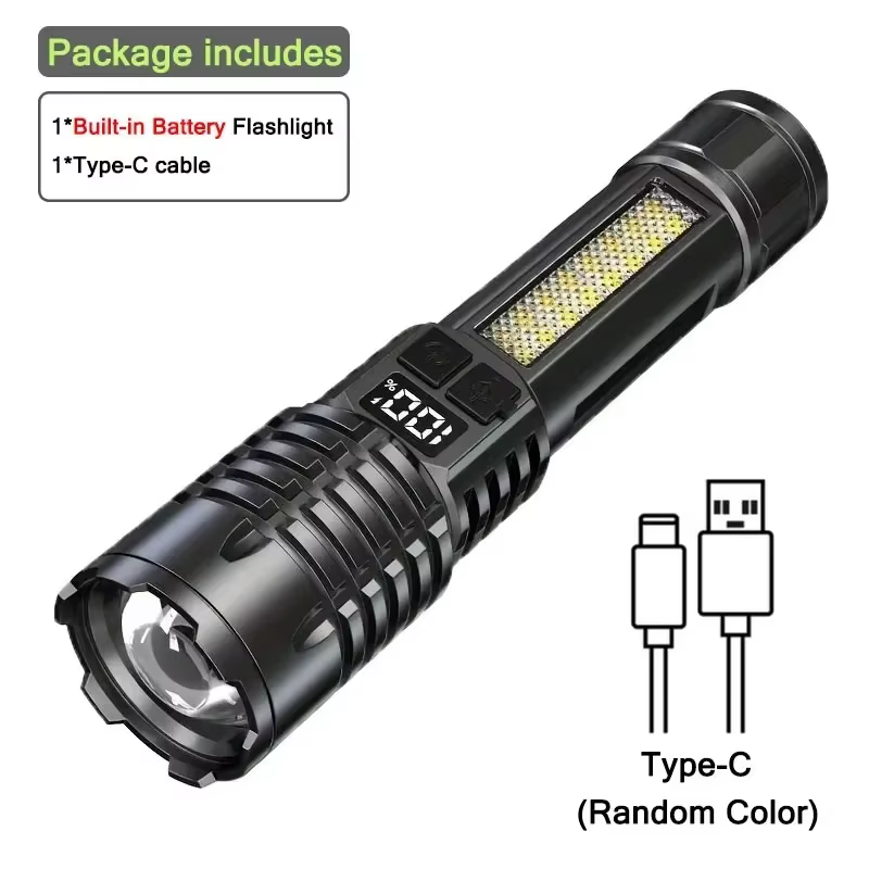 Lampe de poche LED haute puissance TYPE-C injuste aste COB lampe de poche avec lumière latérale torc