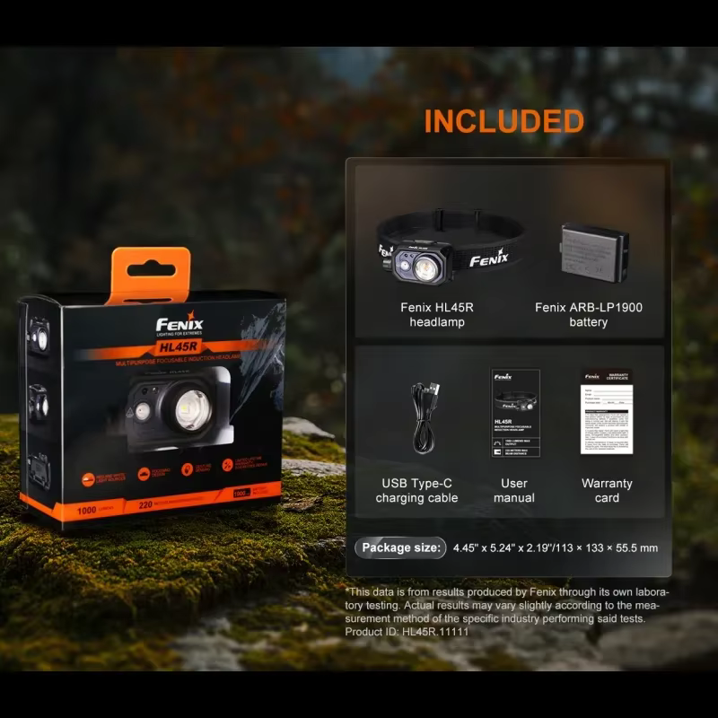 Lampe frontale à induction focalisable polyvalente Fenix HL45R 1000 lumens rechargeable avec batteri