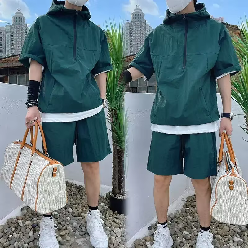 Ensemble de style cargo d'été pour hommes, sweat à capuche décontracté, t-shirt à manches courtes, s