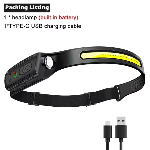 Lampe frontale à induction COB LED avec batterie intégrée, lampe rechargeable par USB, 5 modes d'écl