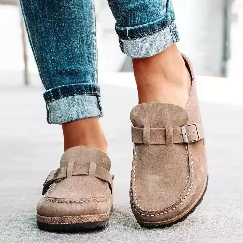 Mules à Boucles de Ceinture Durables pour Femme, Chaussures Plates à Enfiler, Demi-Pantoufles Rétro 