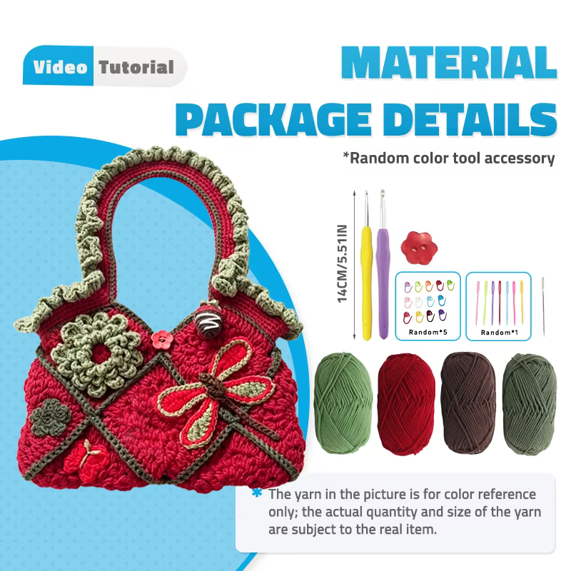 Kit de crochet pour sac à main en fil de laine à motif floral libellule rouge et vert rétro, fait ma