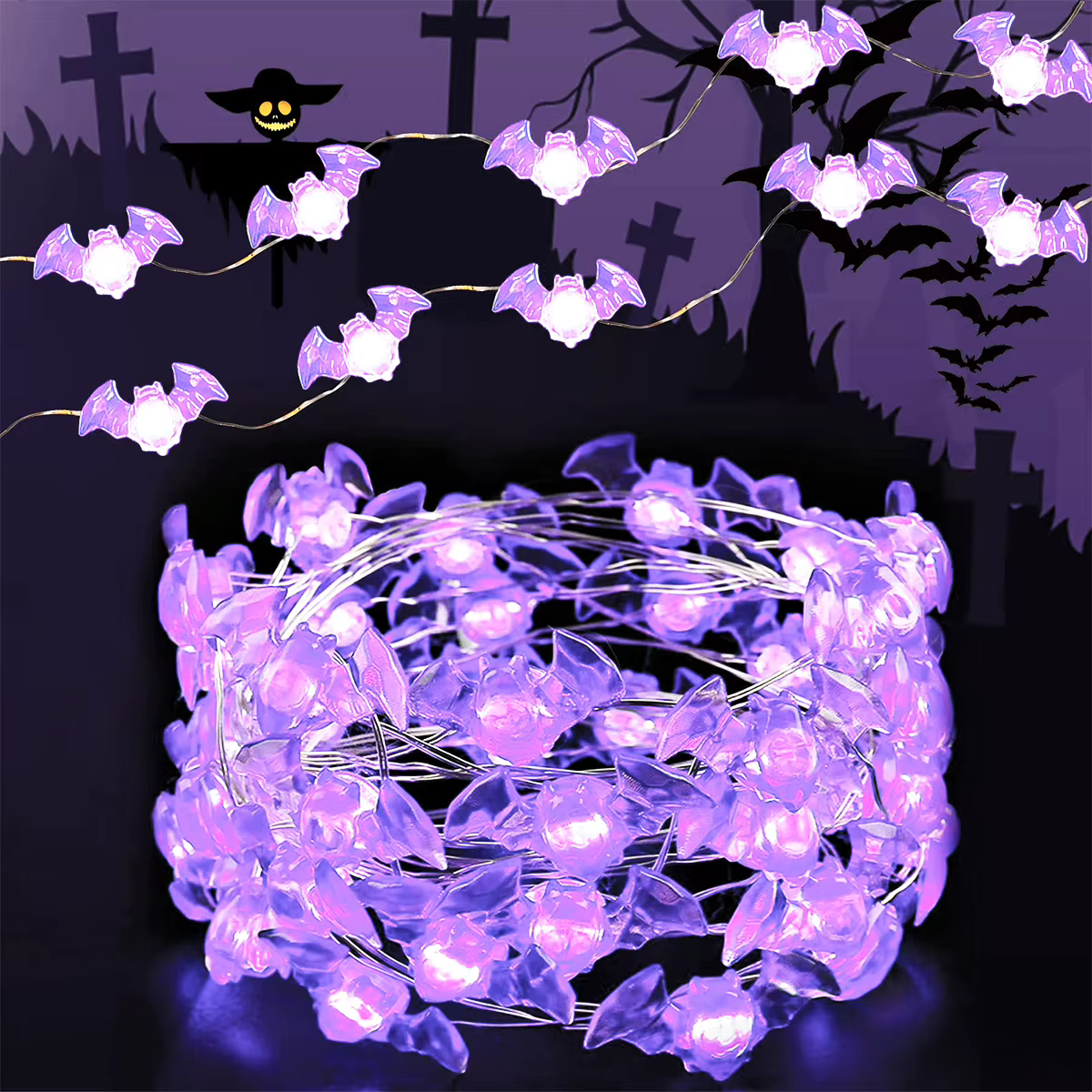 1pc 20/30 LED Halloween chauve-souris fil de cuivre chaîne lumière alimenté par batterie violet chau