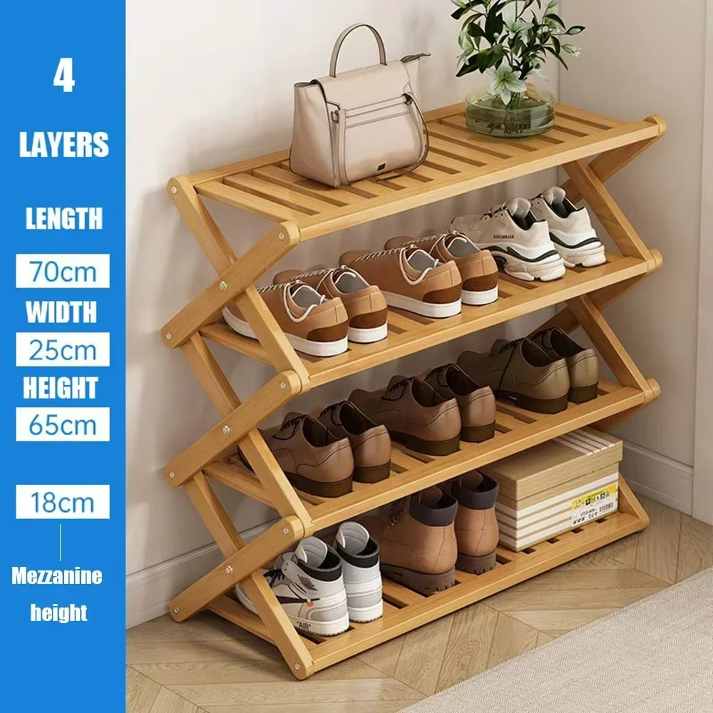 Étagère à chaussures pliante à 4 niveaux, Installation gratuite en bambou, gain de place, étagère de