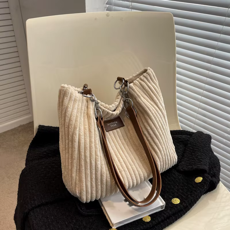 Sac à bandoulière en velours côtelé pour femmes, sac à main de couleur unie, bandoulière fixe, grand