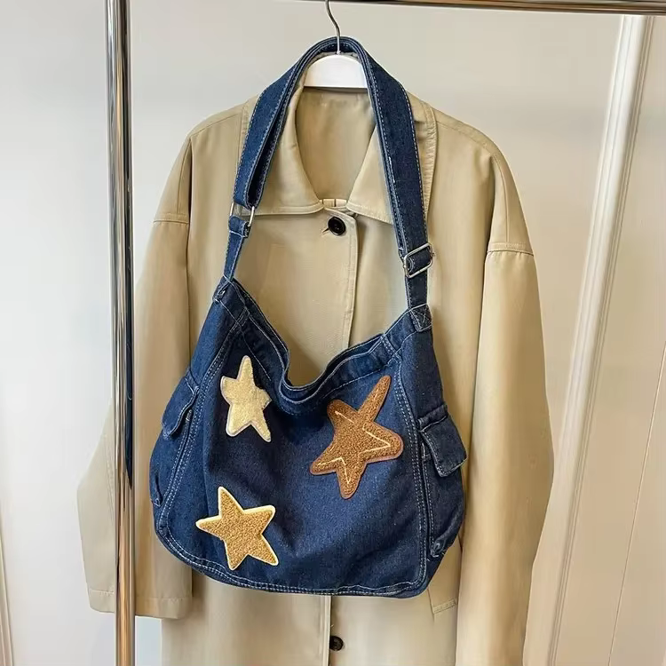 Sac à bandoulière en Denim brodé étoile rétro japonaise, fourre-tout de grande capacité pour classe