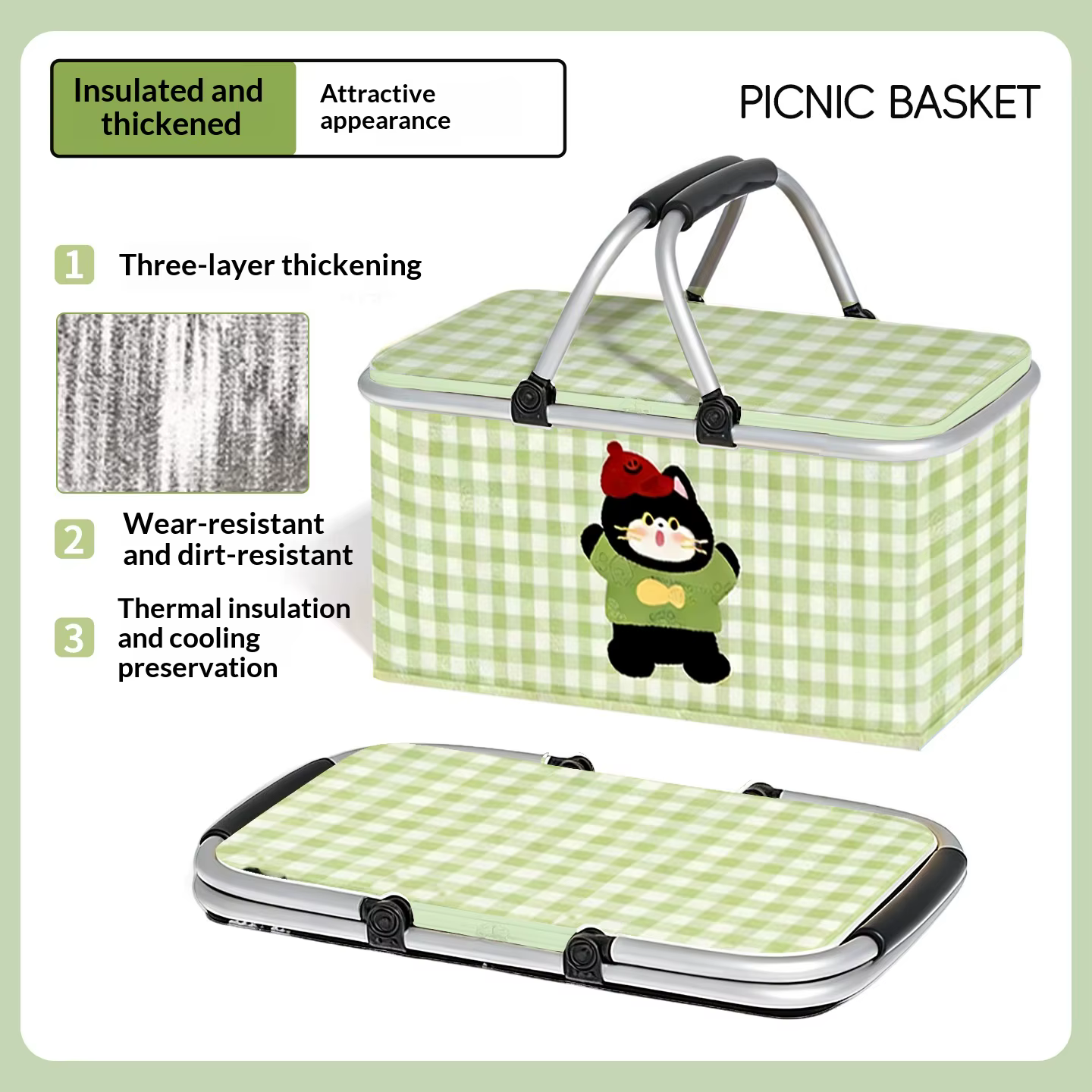 Sac de pique-nique isotherme portable et épaissi, grande capacité, motif à carreaux, sac isotherme p