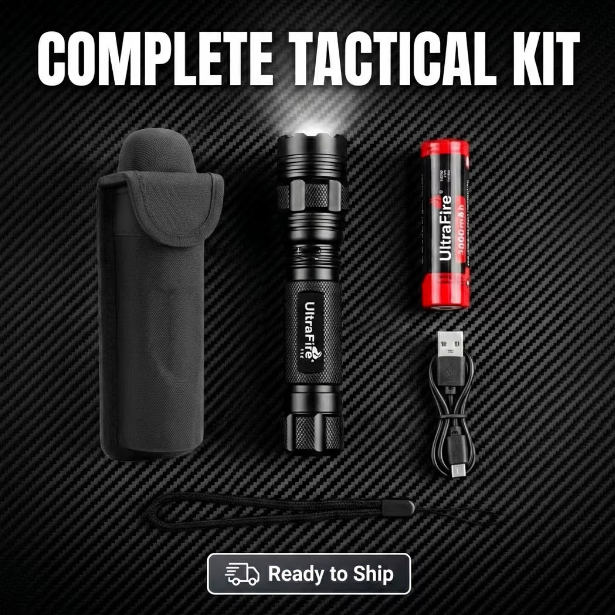 UltraFire T1X Kit Lampe Torche Tactique 1200 Lumens avec Étui Magnétique à Tir Rapide 18650 USB-C Re