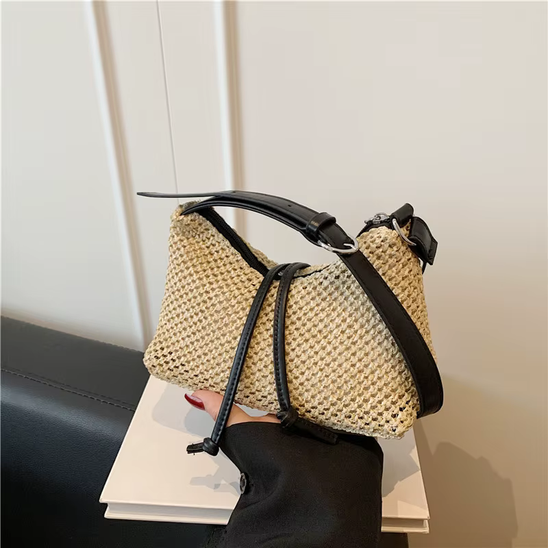 Sac fourre-tout tissé fait main au crochet, sac à bandoulière vintage en paille, sac à main rétro de