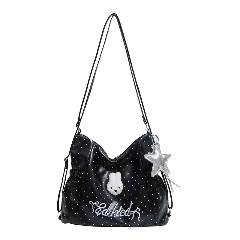 Sac à bandoulière Kawaii à pois avec patch lapin en peluche et pendentif étoile, sac bandoulière gra