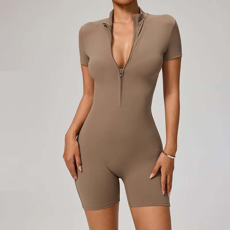Chemise à manches courtes avec demi-fermeture éclair, couleur unie, ensemble de jambes courtes, comb