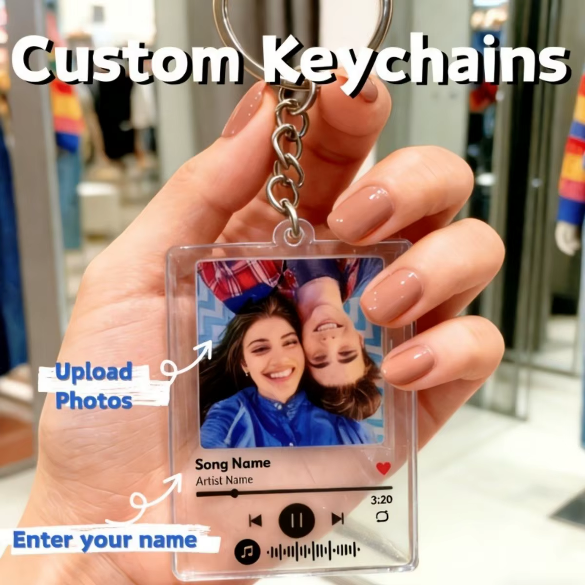 Un porte-clés personnalisé avec photo/titre de chanson – un accessoire unique parfait pour les coupl