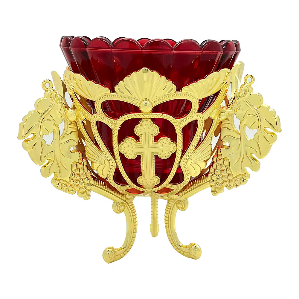 Lampe Vigil suspendue orthodoxe |   Alliage plaqué or avec croix de bol en verre rouge et conception