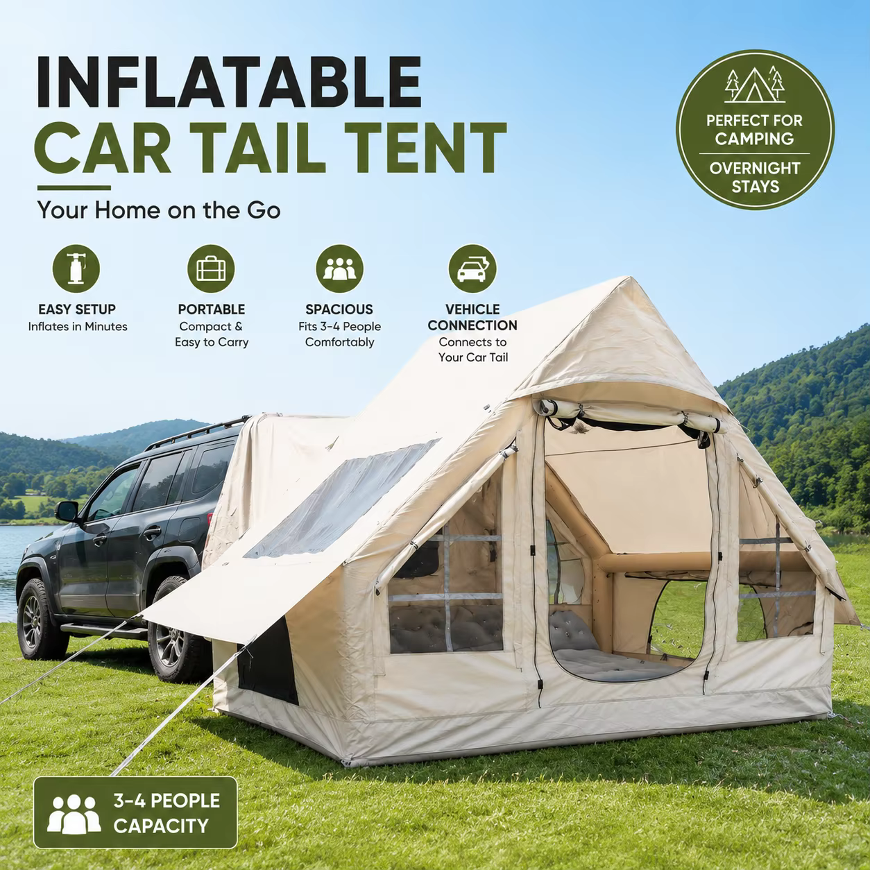 Tentes arrière gonflables pour voiture avec pompe manuelle, tente de glamping gonflable pour voiture
