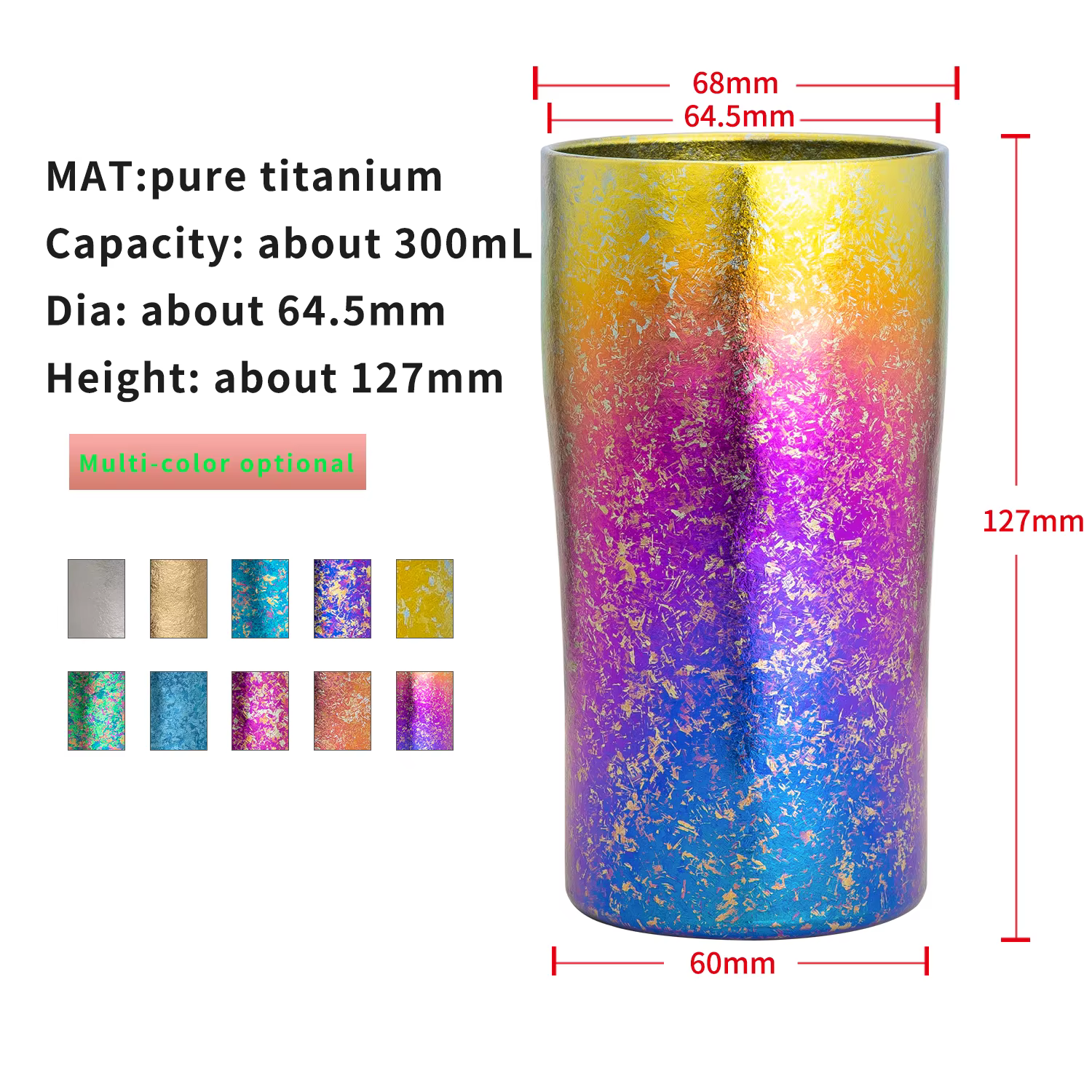 Mug à bière en titane TiTo 300 ml arc-en-ciel, double paroi, pour café, thé, vin, lait, gobelet port
