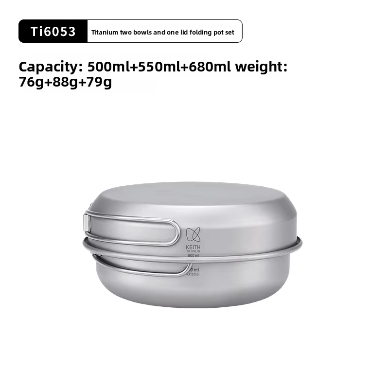 Ensemble de cuisine de camping compact en titane KEITH, 3 pièces, avec poignée pliable et sac de tra