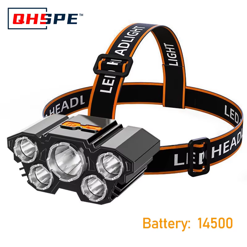 Lampe frontale rechargeable à 5 LED, lumière forte, batterie 18650 intégrée pour Camping, aventure, 