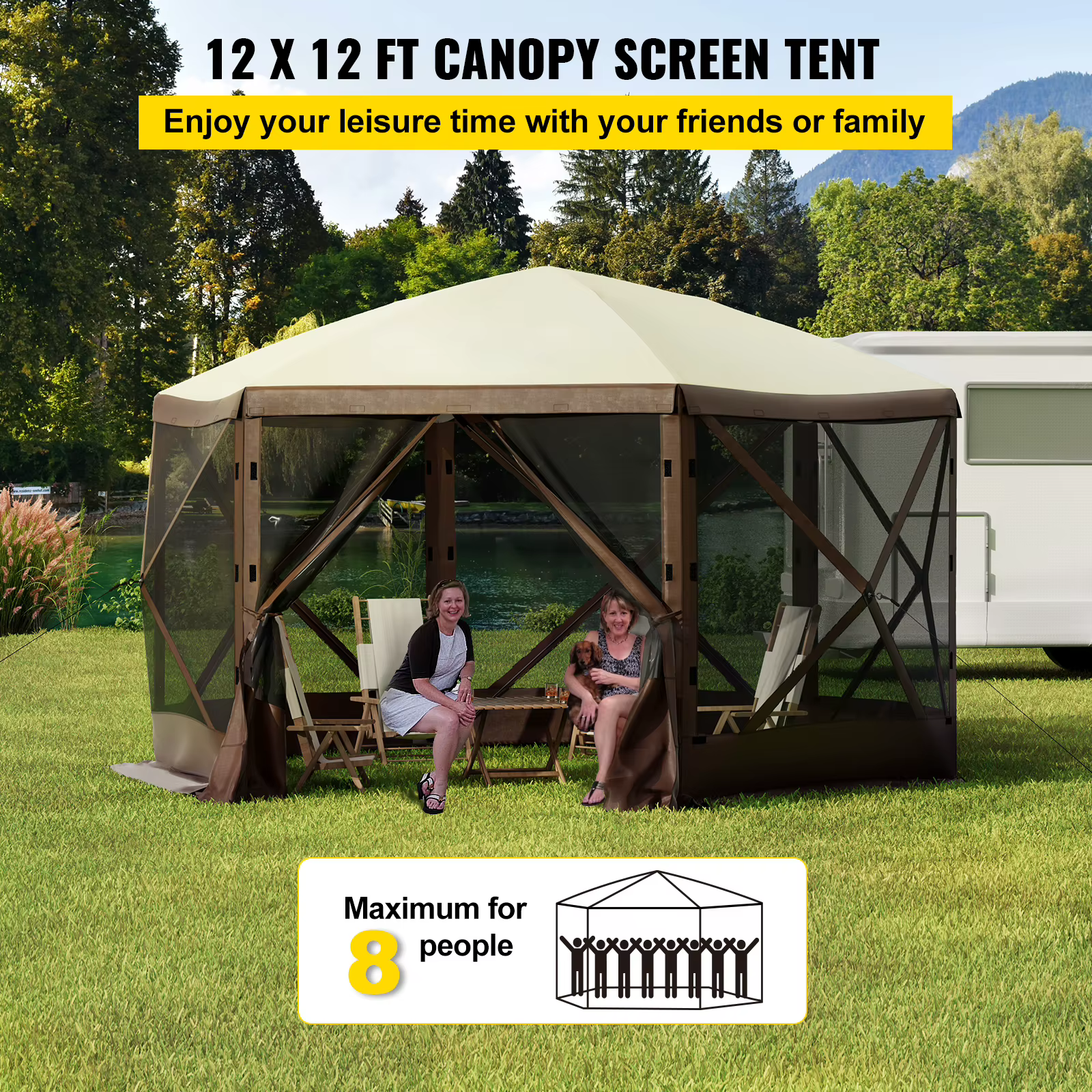 SucceBuy Gazebo de camping pop-up Abri auvent de camping 6 faces 12' x 12' Pare-soleil Tentes et auv