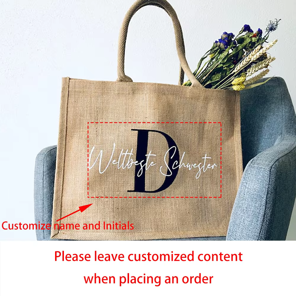 Sac en Jute personnalisé avec initiales, sac de plage, cadeau d'anniversaire pour la fête des mères,