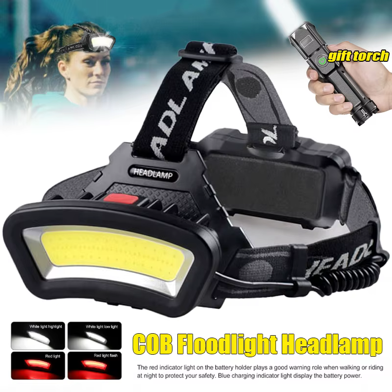 Lampe frontale large LED COB, éclairage à large portée, Rechargeable par USB, grand Angle, avec affi