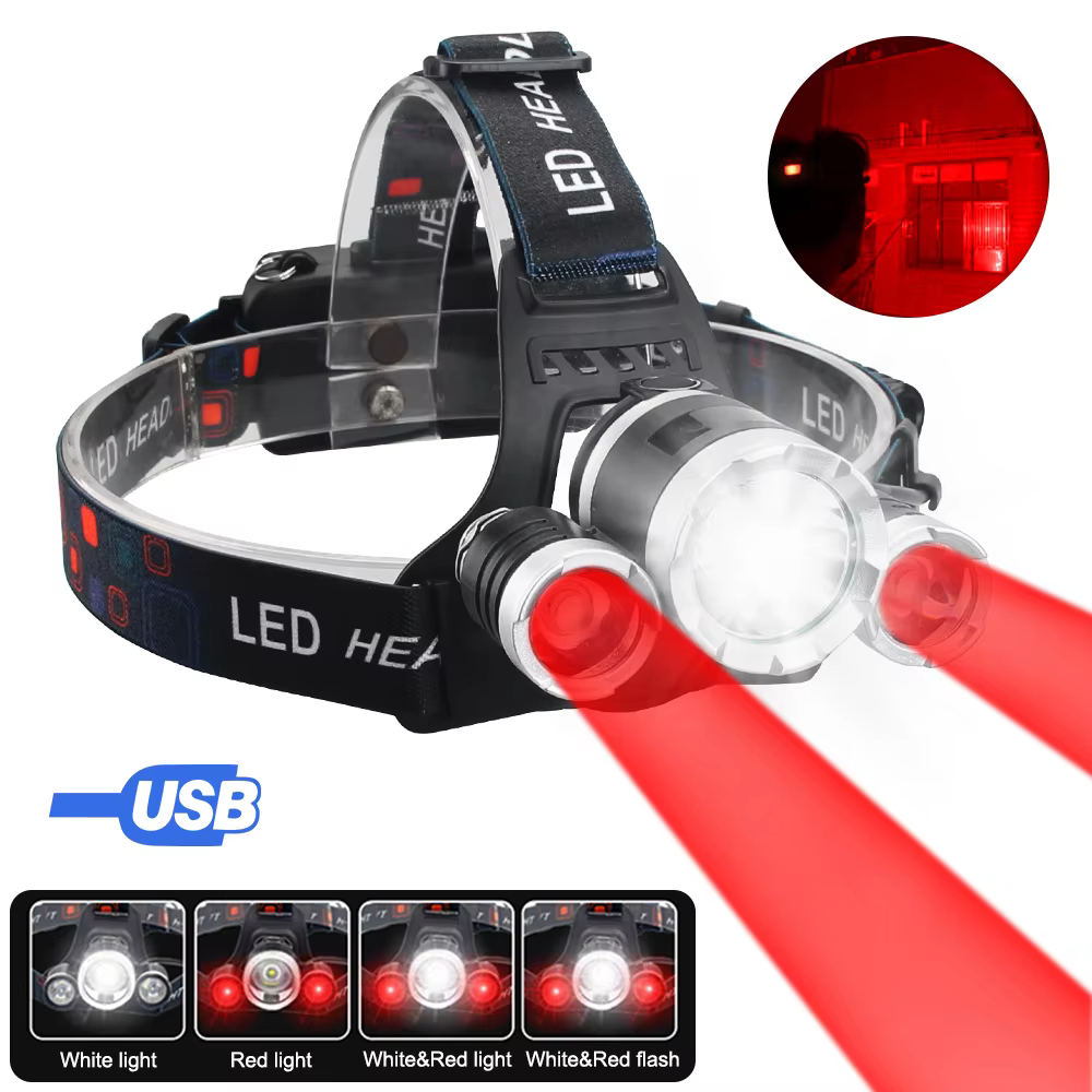 Lampe frontale Led rouge/vert/blanc/violet, Rechargeable par USB, puissante, pour Camping, recherche