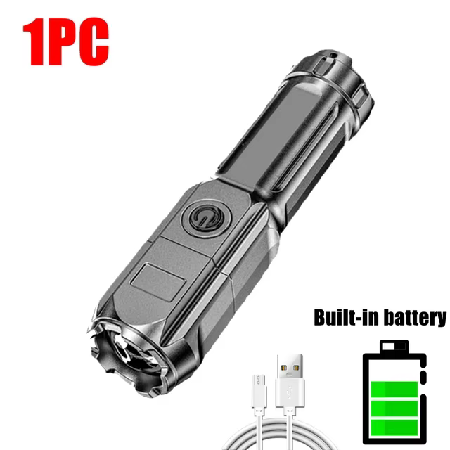 Lampe de poche LED puissante, torche Rechargeable par USB, Portable, Zoomable, pour Camping, 3 Modes