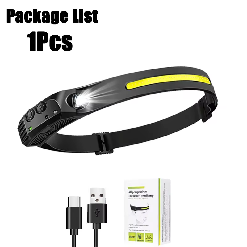Lampe frontale à capteur LED Rechargeable par USB, torche XPE + COB, étanche, pour Camping, lanterne