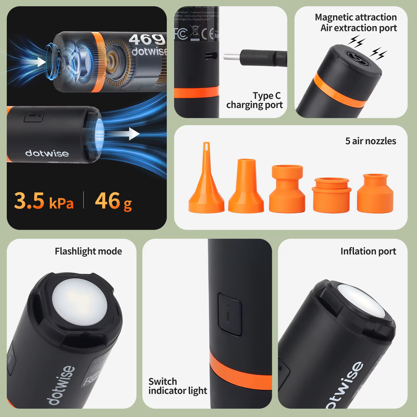 DOTWISE – Mini pompe de gonflage Portable d'extérieur, avec lumière de Camping, 5 buses, adaptée aux
