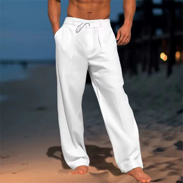 Pantalon en lin pour hommes, plage d'été, Style basique décontracté, vacances, coupe ample, respiran