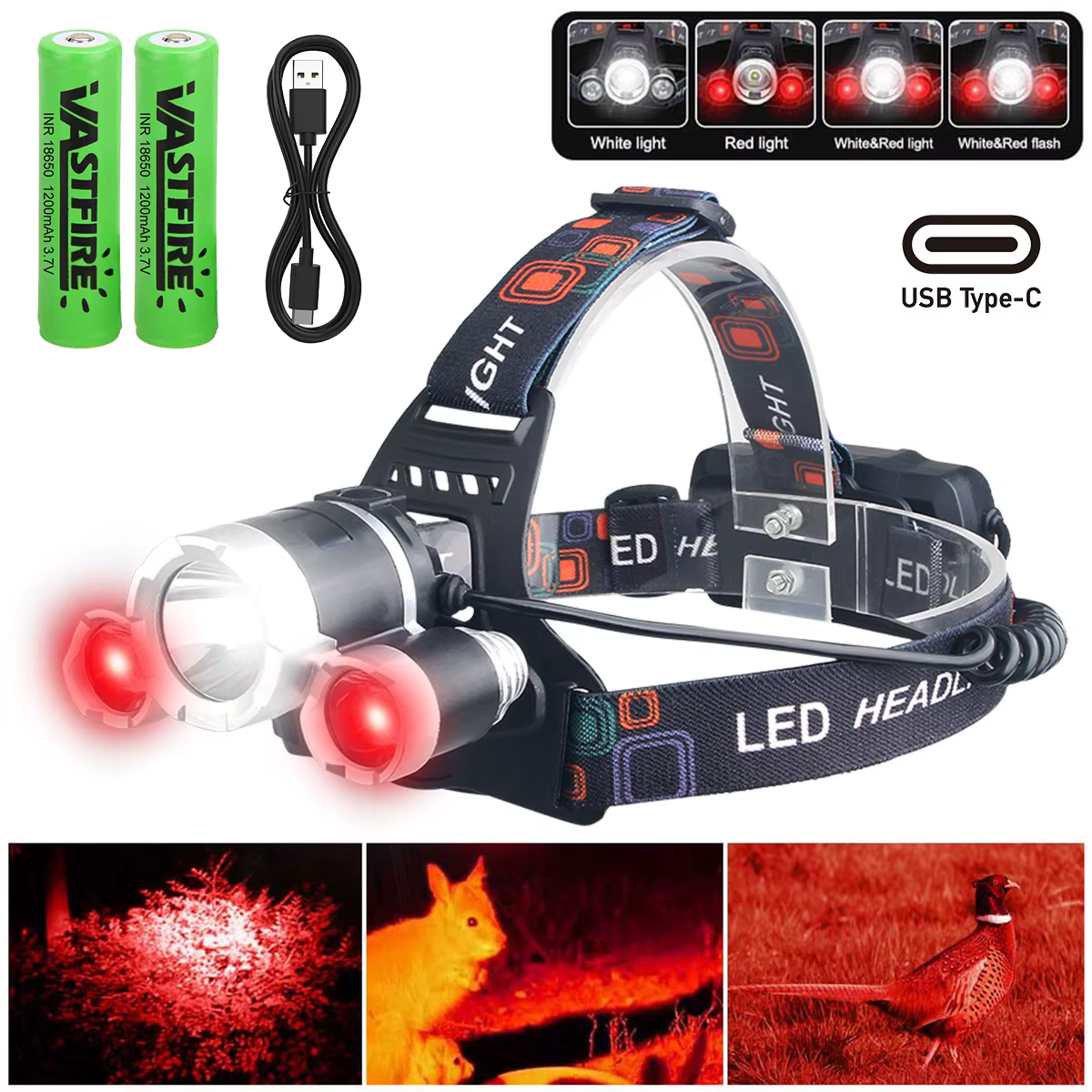 Trois lampes frontales LED lumineuses rouge/vert/blanc, étanches et rechargeables, idéales pour l'ex