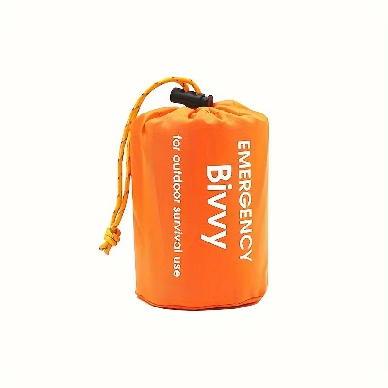 Sac de couchage d'urgence isolé, réutilisable et compact avec sifflet. Matériau PE, cordon de serrag
