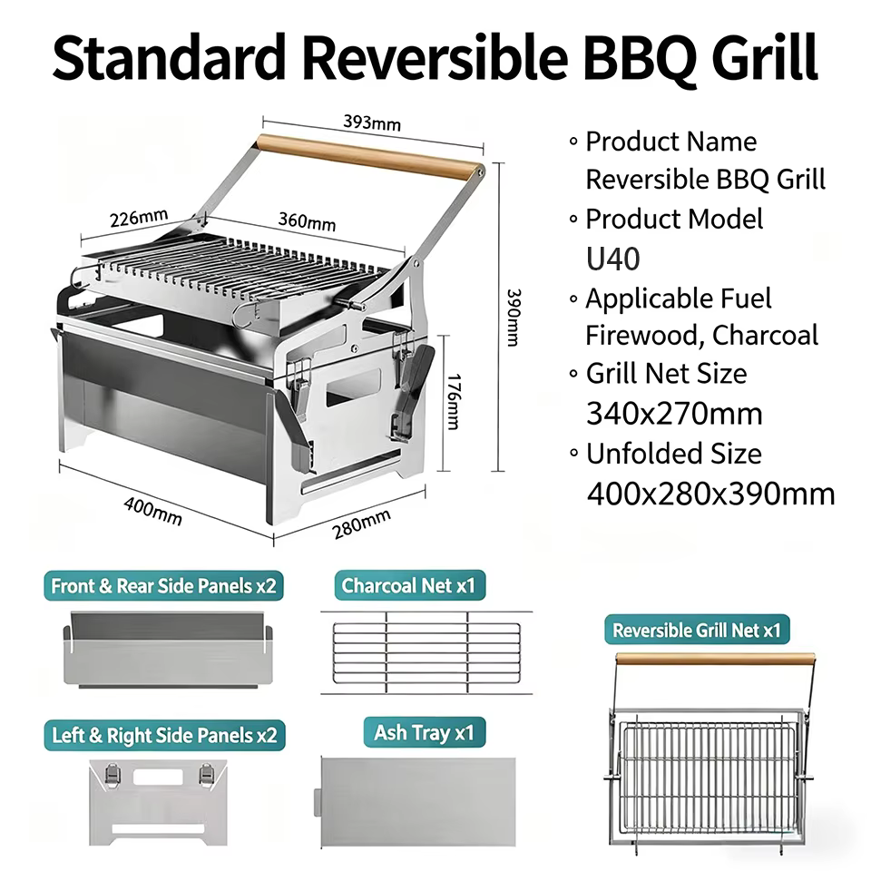Portable 360 ° Barbecue pliable rotatif au charbon de bois en acier inoxydable avec grille amovibl