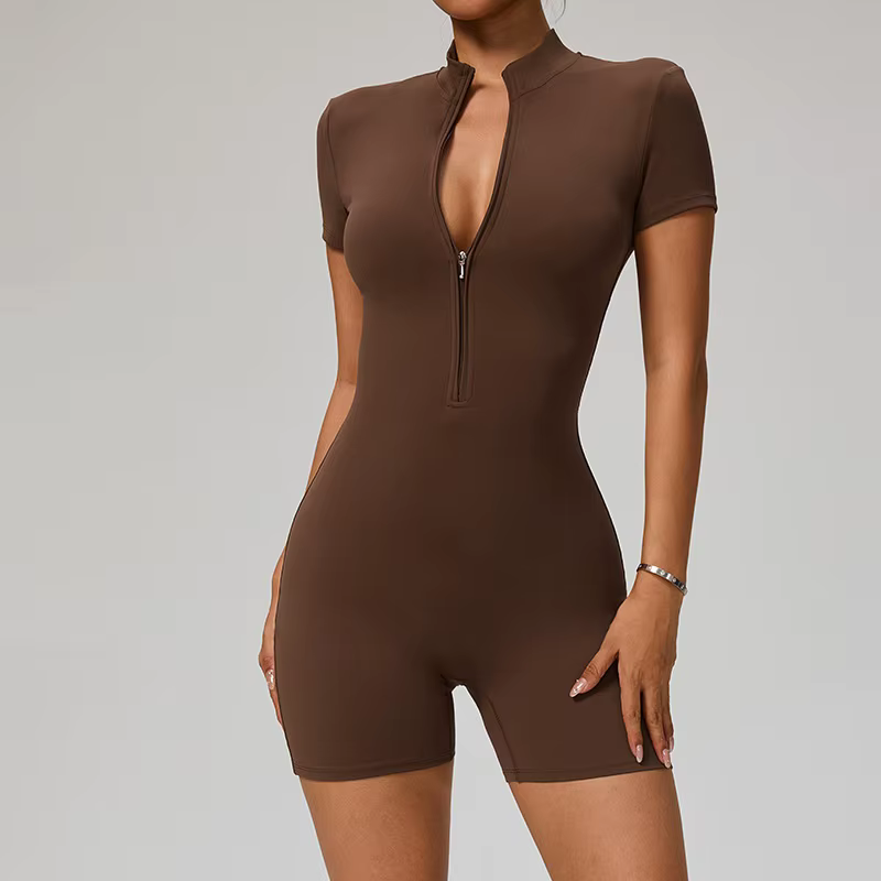 Chemise à manches courtes avec demi-fermeture éclair, couleur unie, ensemble de jambes courtes, comb