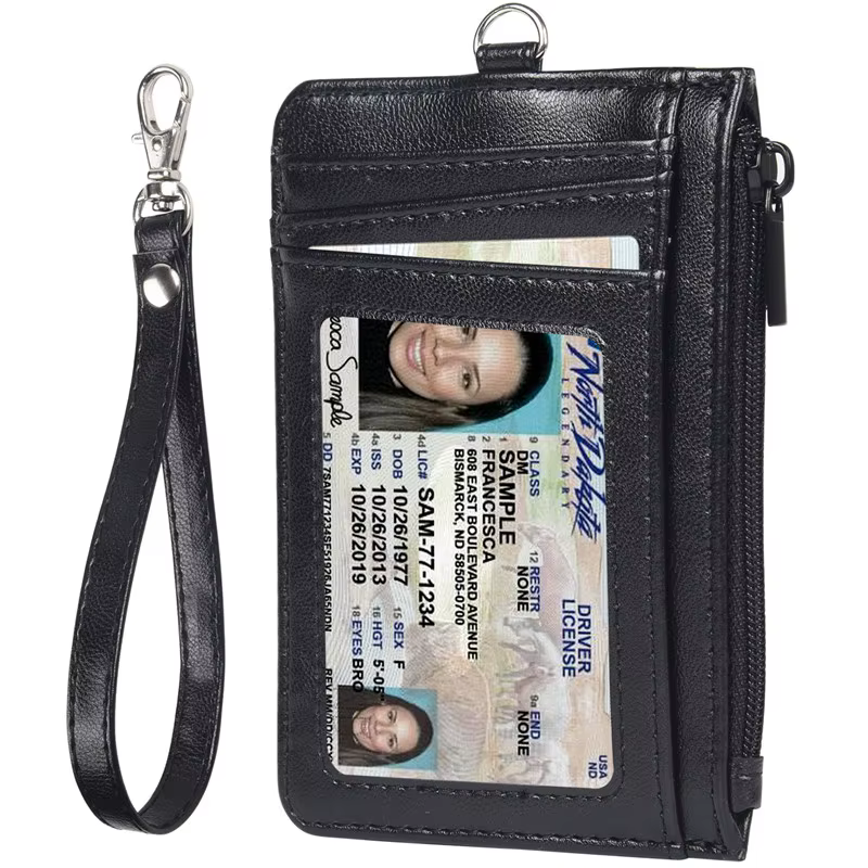 Porte-badge personnalisable en cuir PU avec cordon, porte-cartes zippé de luxe, accessoire professio