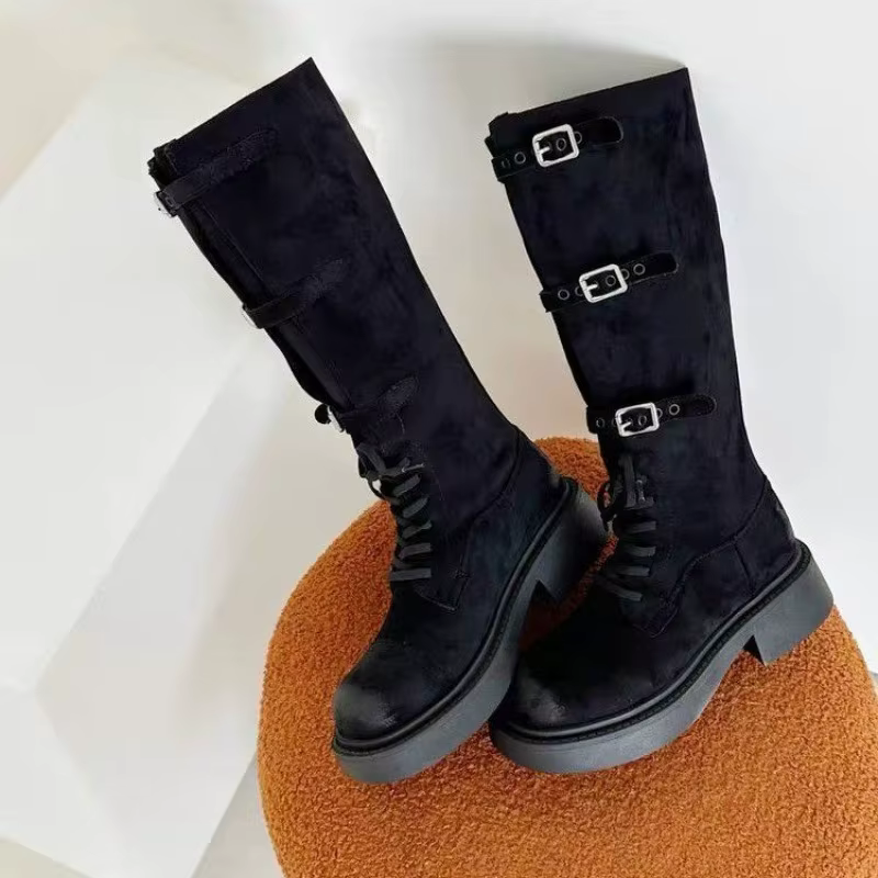 Bottes à talons blocs en daim à la mode, bottes de chevalier à plateforme et boucle de ceinture à bo