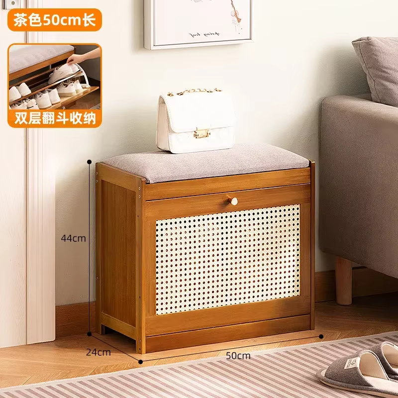 Banc d'entrée en bambou naturel avec coussin et rangement basculant pour chaussures