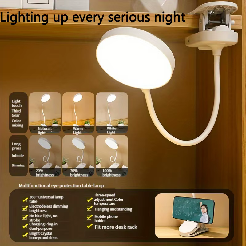 Lampe de bureau à clipser rechargeable par USB, 3 températures de couleur et variable, lampe de lect