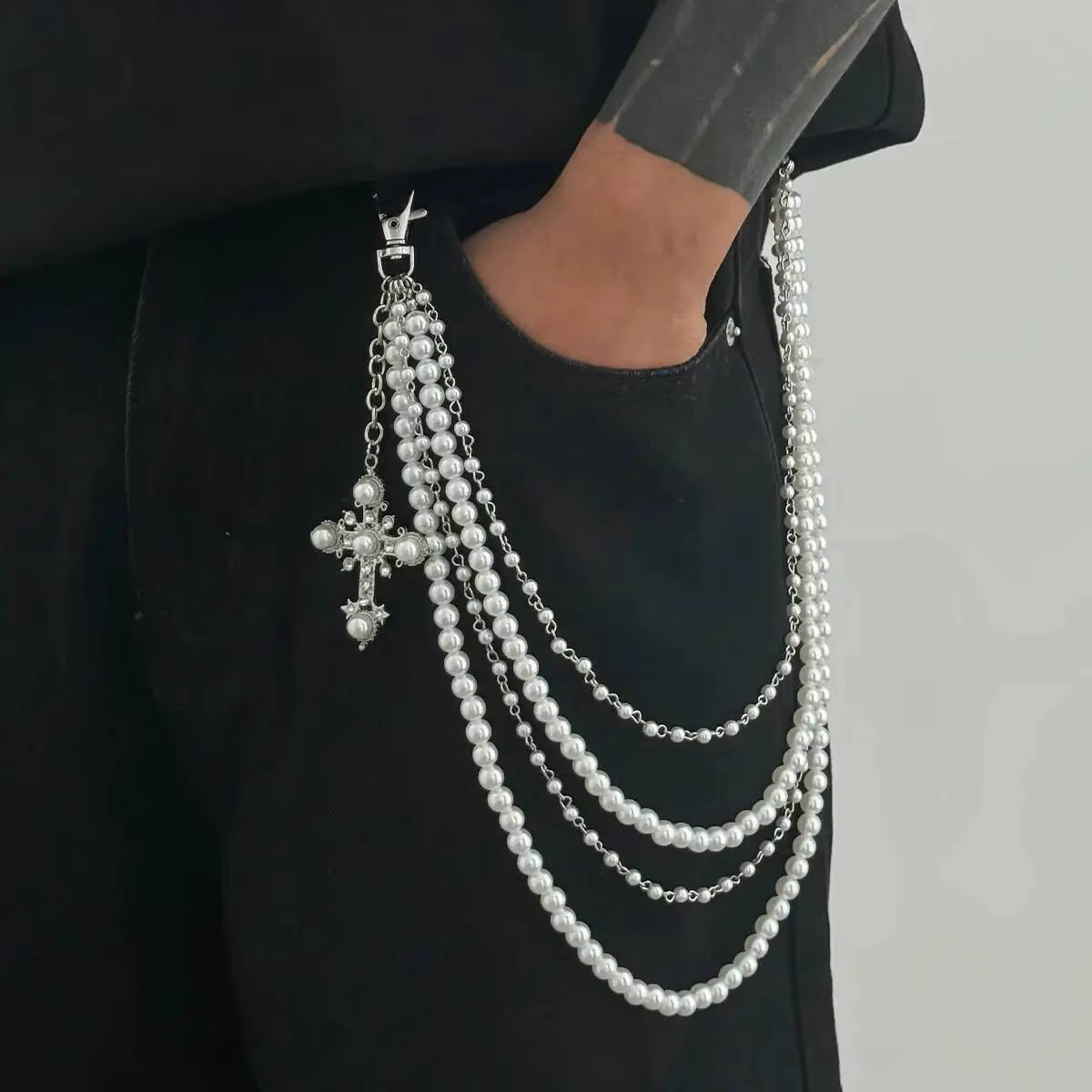 Porte-clés multicouche en Imitation de perles pour hommes, tendance Hip Hop, exquis, pendentif croix