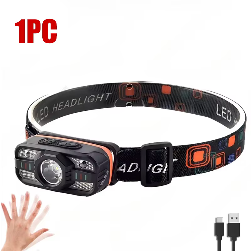 Lampe frontale LED Rechargeable par USB, 6 Modes d'éclairage, Portable, avec batterie intégrée, torc