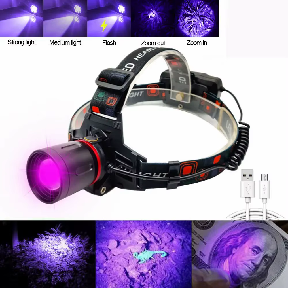 E2 vert/rouge/UV Led lampe frontale Zoomable lampe frontale torche 4 Modes phare USB charge pêche ch
