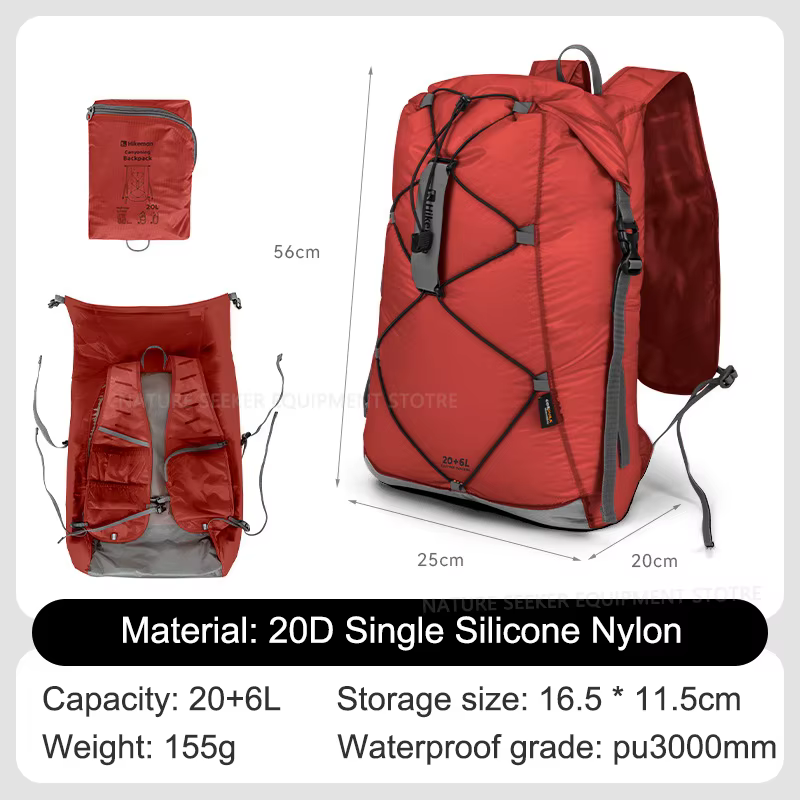 HIKEMAN 20 + 6L sac à dos pliable ultraléger sac étanche pour voyage randonnée en plein air taille d