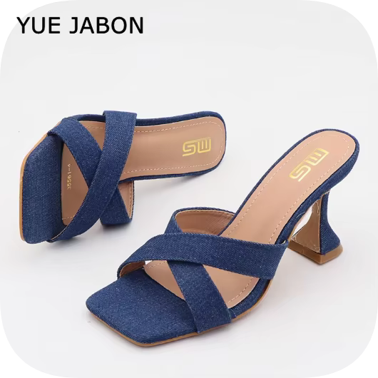Chaussures décontractées pour femmes bleues, tendance été 2026, mules en jean à bout carré, couleur 