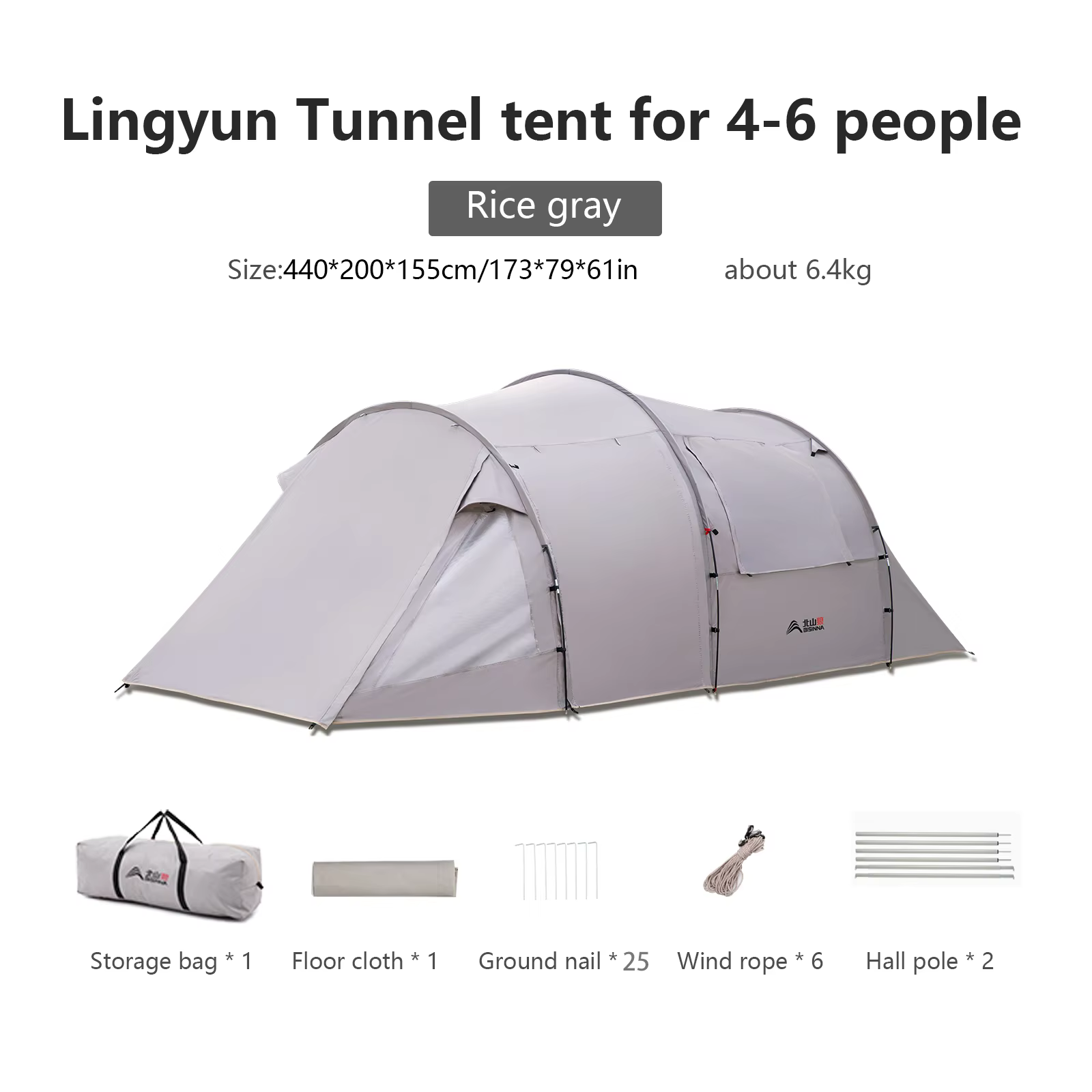 Tente tunnel de camping BISINNA pour 4 à 6 personnes, grand espace, portable, pour pique-nique, rand