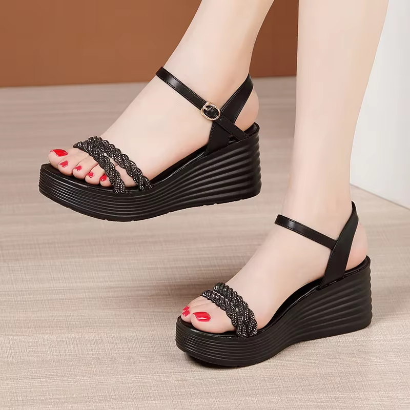 Sandales compensées élégantes à plateforme pour femme, taille 33-43, avec cristaux dorés, pour maria