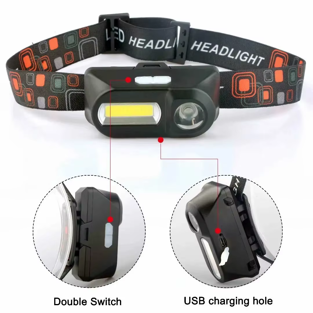 Mini lampe frontale Portable XPE + COB, double Source de lumière, Rechargeable par USB, batterie 186