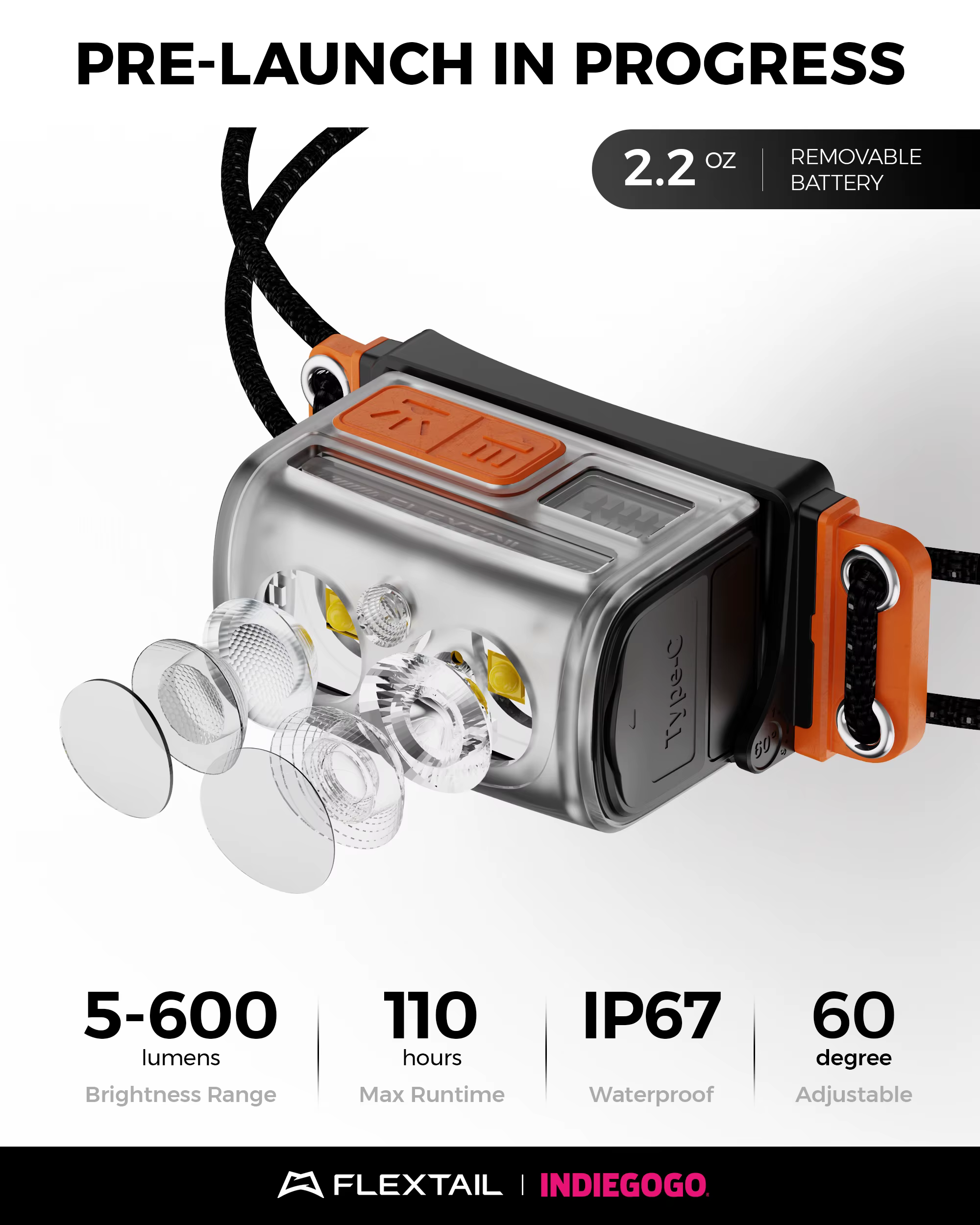 FLEXTAIL TINY HELIO 600Z - Lampe frontale, phare avec batterie remplaçable de 700 mAh pour camping e