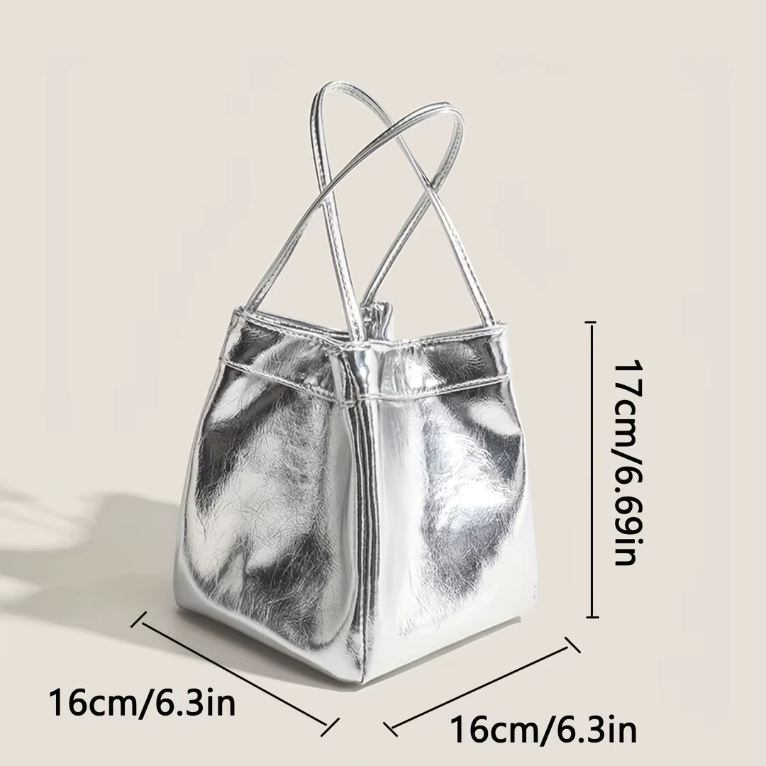 Mini sac seau argenté scintillant à cordon, sac à main à bandoulière scintillant en PU avec portefeu