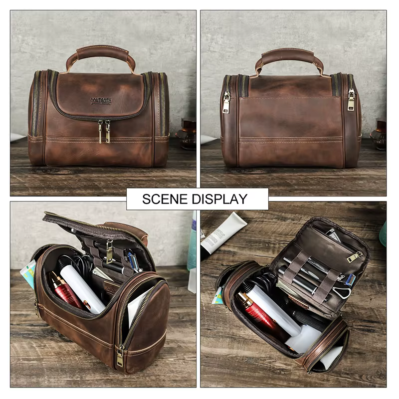 CONTACT'S-Sac à cosmétiques en cuir véritable pour hommes, trousses de toilette de voyage, sac de lavage de maquillage à poignée supérieure, sac de créateur, capacité d'évaluation