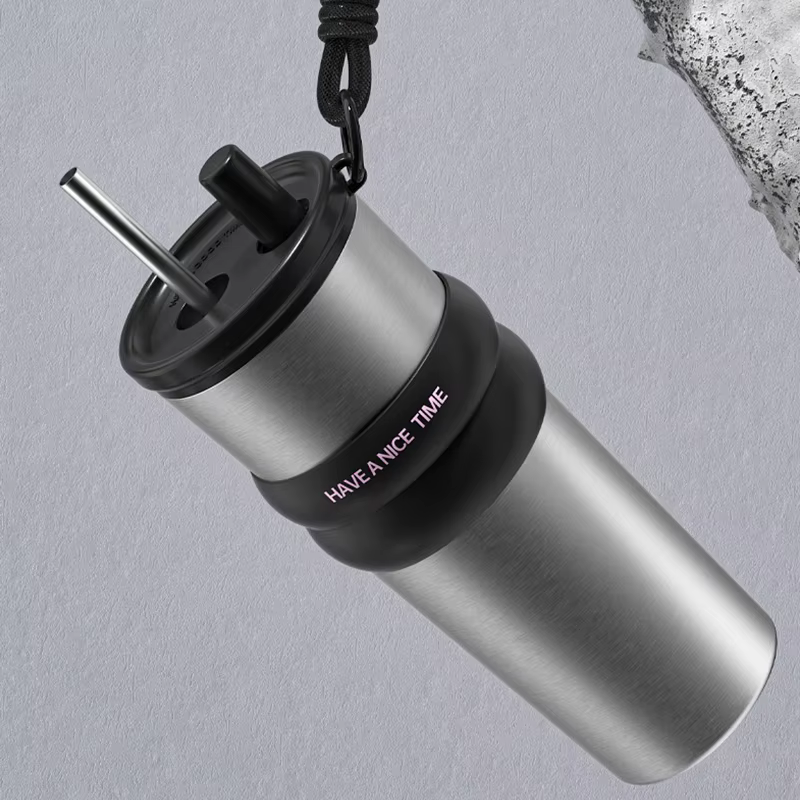 Bouteille isolée sous vide en acier inoxydable avec paille, Thermos anti-fuite pour chaud et froid, bouteille d'eau Portable pour les voyages et le sport