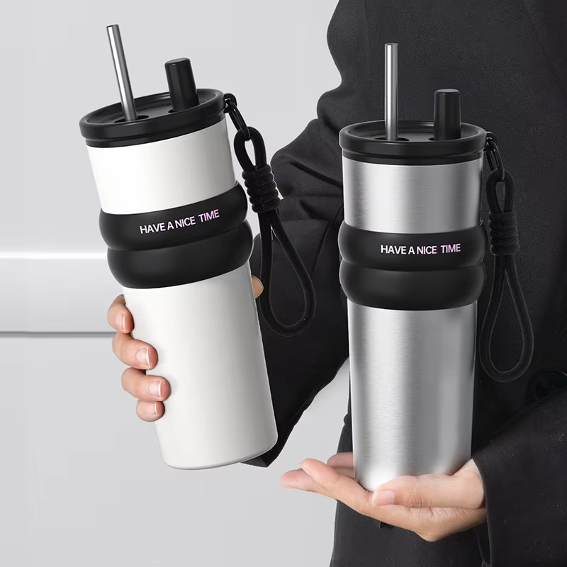 Bouteille isolée sous vide en acier inoxydable avec paille, Thermos anti-fuite pour chaud et froid, bouteille d'eau Portable pour les voyages et le sport